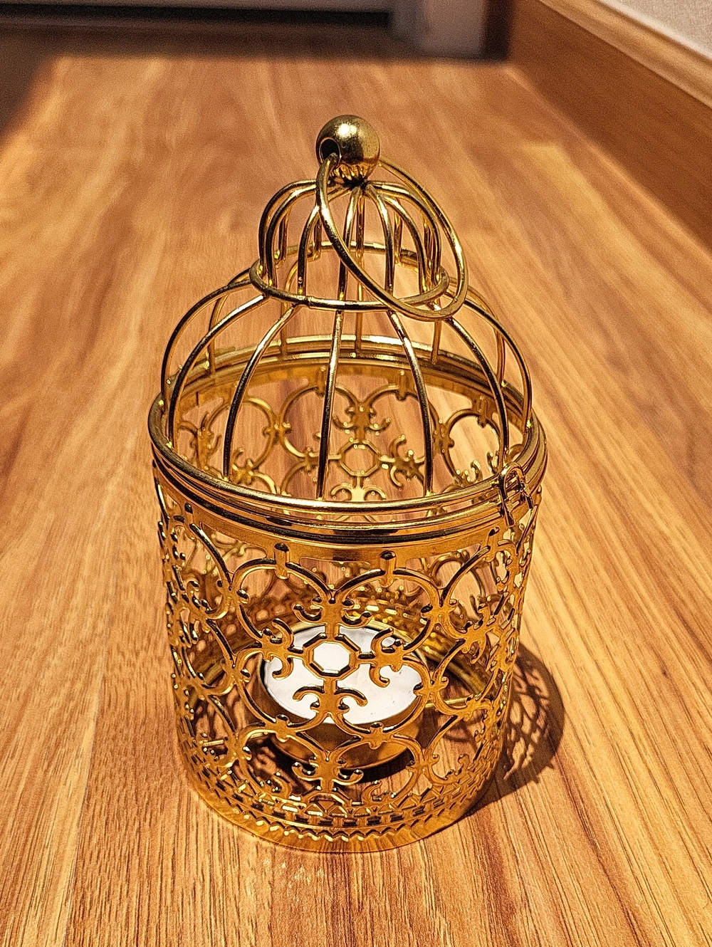 Gold Ornate Filigree Candle Lantern with Hanging Ring